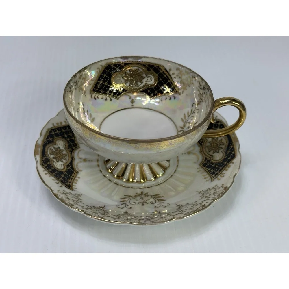 VTG Royal Sealy China Japan Footed Teacup & Saucer Lustreware Black Gold White 4